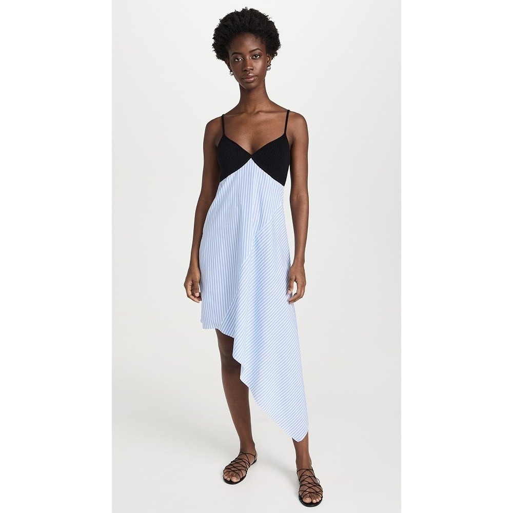 Naadam Mixed Media Dress Small Blue Black Striped Asymmetrical Cashmere Coastal